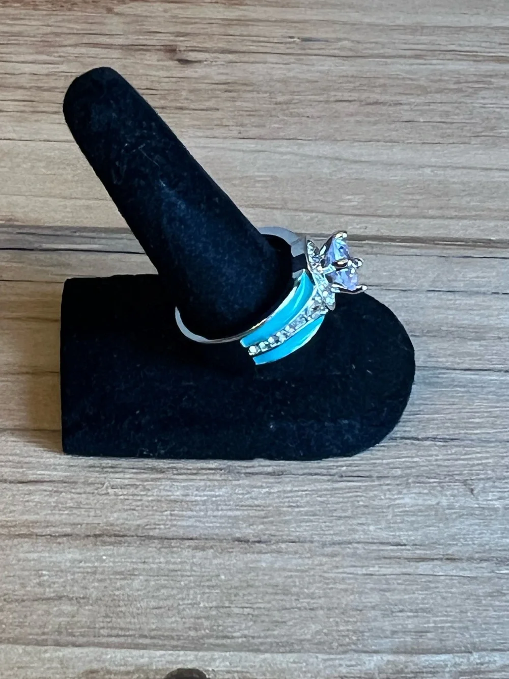 Turquoise Silver Tone Halo Ring With Cubic Zirconia Center Stone Size 9